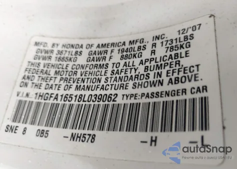 2008 Honda Civic Lx from USA, damaged, VIN 1HGFA16518L039062